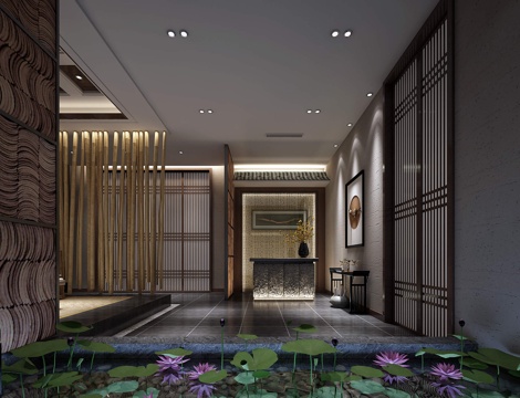  新中式艾灸馆水幕装饰画端景柜3d模型 