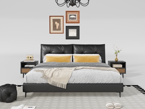  现代中古风双人床 床头柜3d模型 