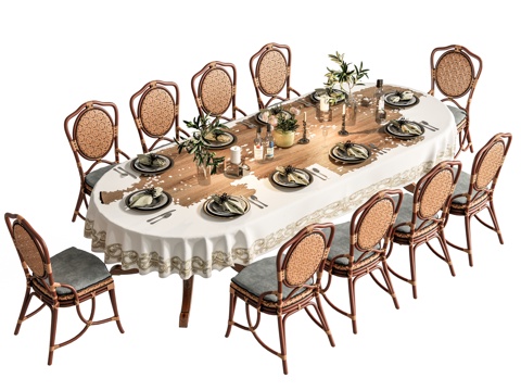 东南亚餐桌椅 餐厅餐桌椅 新中式餐桌椅组合 多人椭圆餐桌椅su模型