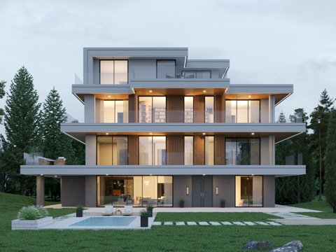 现代别墅建筑外观  现代三层独栋别墅  农村自建房su模型