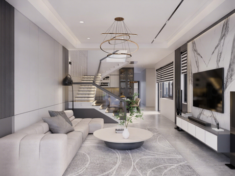 现代简约客厅餐厨 餐厨一体 环形吊灯 L型沙发su模型