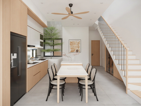 北欧风厨房餐厅 餐厨一体 岩板中岛餐桌 浅木氧感橱柜su模型