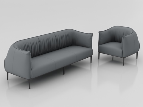  现代办公室 办公沙发 灰色真皮民用沙发 三人位单人位沙发3d模型 