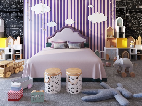  现代 儿童卧室 小孩卧室 小孩房 儿童房卡通床 玩具公仔3d模型 