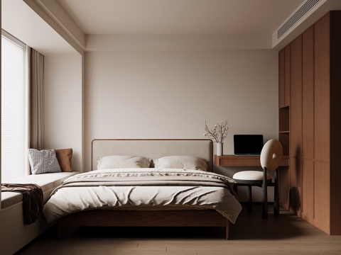 中古卧室 单人床 衣柜su模型