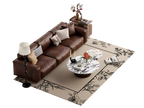 复古中古风沙发茶几组合su模型