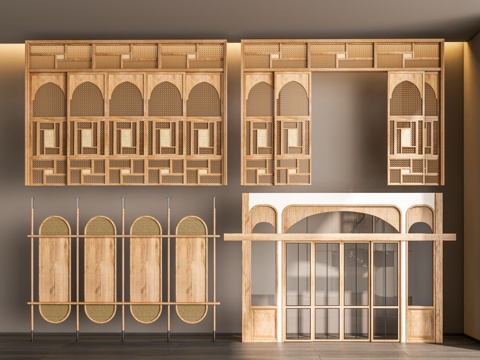 格栅屏风隔断  阳台半透门 隔断门屏风门 竹编隔断屏风 原木su模型