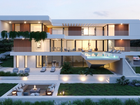 现代别墅建筑外观  现代三层独栋别墅   现代高档别墅su模型