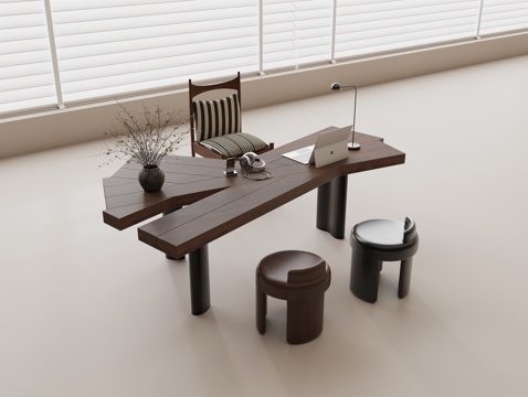 书桌椅组合 实木书桌 实木椅 办公用品 笔记本电脑 绿植su模型