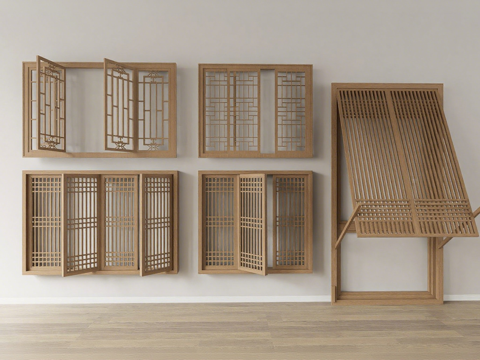 中式木质窗棂 榫卯结构 镂空雕刻 浅棕色实木材质 传统格栅图su模型