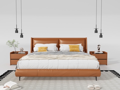  现代中古风双人床 床头柜3d模型 