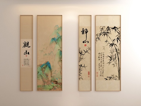 中式竖版组合画 宋式美学组合画 书房挂画 客厅挂画su模型