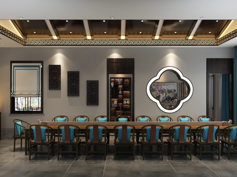  新中式中式会议室 中式会议桌3d模型 