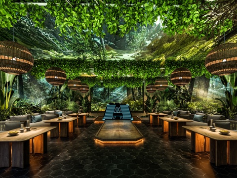 东南亚餐厅 热带雨林餐厅 餐桌椅卡座 酒吧前台DJ台 热带雨su模型