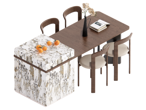 复古中古风中岛台餐桌椅组合su模型