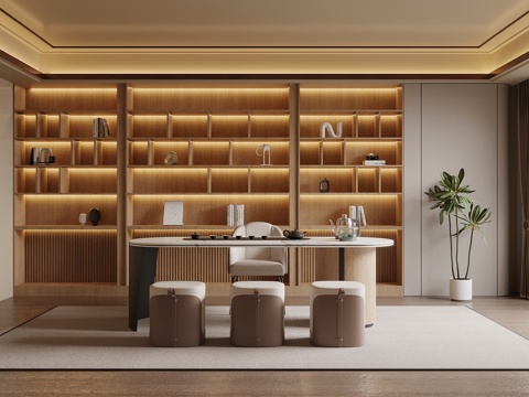 新中式茶室 茶桌椅 博古架su模型