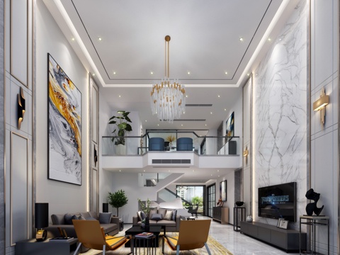  现代风格复式客厅 沙发茶几 吊灯 楼梯3D模型3d模型 