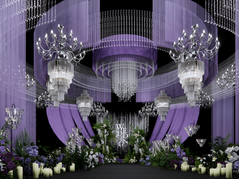 紫色布幔线帘水晶串婚礼美陈su模型