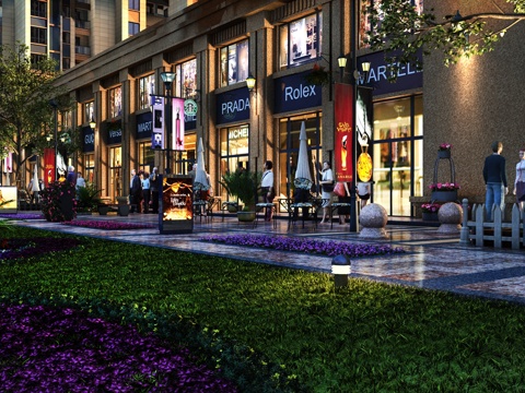  其它商业 景观 夜景 人物 店铺 建筑 休息椅 垃圾桶3d模型 