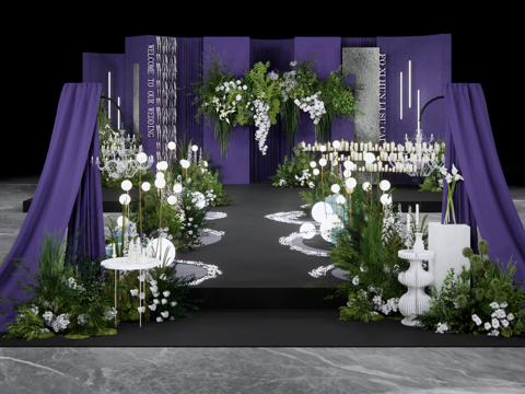 小众紫色布幔造型KT婚礼美陈花艺su模型