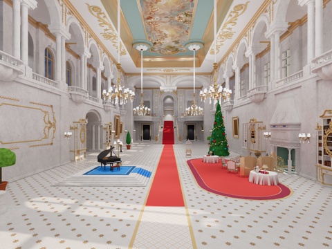 欧式法式 城堡庄园 豪华客厅 宴会厅 舞会厅 二层悬挑独栋别su模型