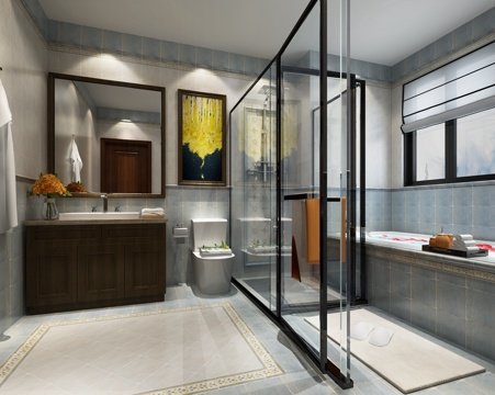  新中式 轻奢卫生间 浴室柜 高档淋浴房 花洒 智能马桶 浴缸3d模型 