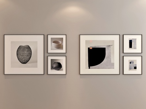 黑白组合画 抽象组合画 艺术组合画 客厅组合画su模型