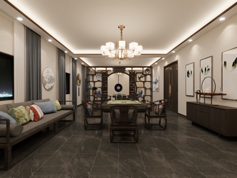  新中式棋牌室3d模型 