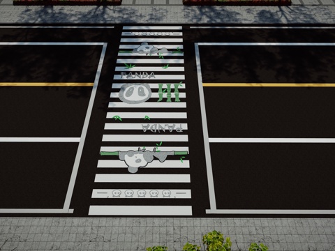 现代熊猫主题创意艺术彩绘网红趣味道路斑马线su模型