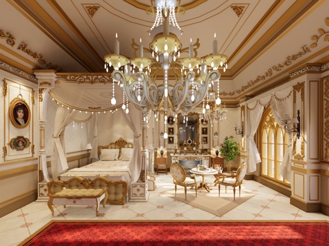 欧式法式 城堡庄园 家装卧室空间 壁画 人物画 书桌镜子 壁su模型