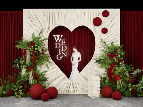 小众香槟色红色爱心布艺造型婚礼美陈su模型