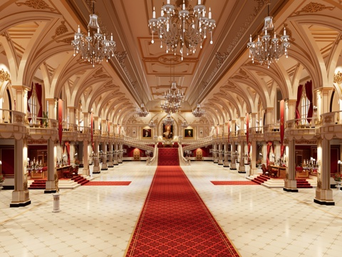 欧式法式 城堡庄园 豪华客厅 宴会厅 舞会厅 二层悬挑独栋别su模型