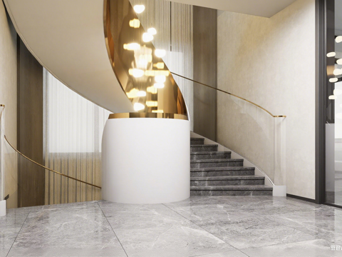 现代弧形楼梯 悬浮光弧楼梯 晶透金璃旋梯 艺术厅阶梯su模型