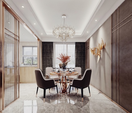  后现代轻奢客餐厅电视柜沙发组餐桌椅吊灯壁灯组合3d模型 