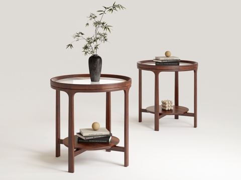 新中式小圆桌圆几边几su模型