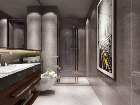  新中式轻奢卫生间 洗手台 浴室柜 淋浴房 装饰画 马桶3d模型 