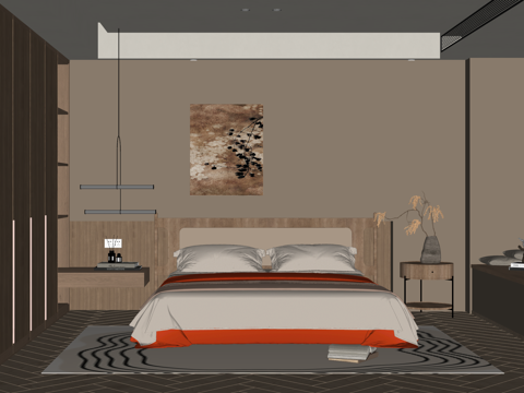 中古侘寂风卧室 双人床组合 床头柜 吊灯 绿植饰品摆件 背景su模型