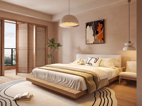 中古侘寂风卧室 双人床组合 床头柜 吊灯 绿植饰品摆件 背景su模型