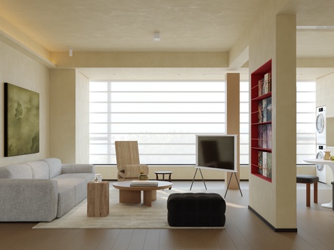 奶油风客厅su模型