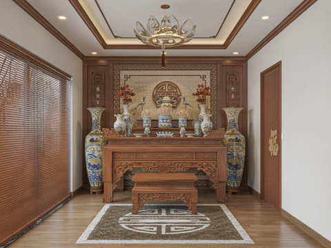 新中式禅意会客厅 念佛堂 佛堂供桌 青花瓷韵厅堂 福字雕花玄su模型