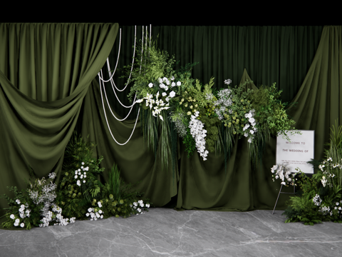 自然系墨绿色造型布幔婚礼美陈su模型