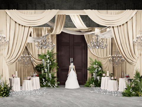 香槟色布幔婚礼门头通道装饰婚礼花艺su模型