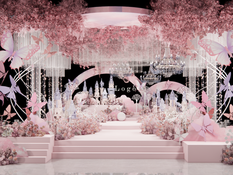 粉色蝴蝶梦幻城堡婚礼美陈su模型