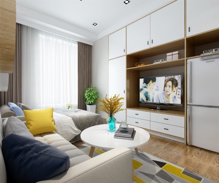  现代风格客餐厅 单身公寓 衣柜 洗衣机 厨房 冰箱 绿植3d模型 