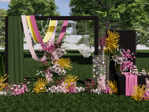 小众户外彩色布幔婚礼美陈花艺su模型