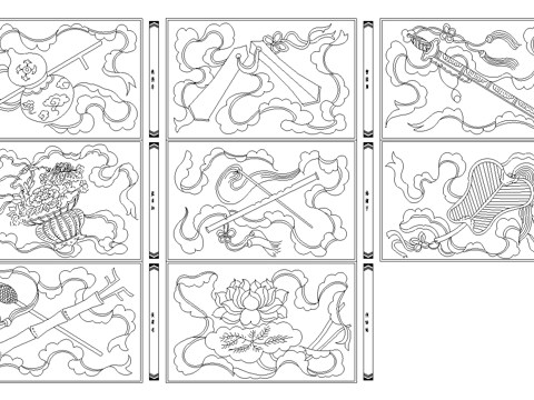 中式古建筑彩画暗八仙cad施工图