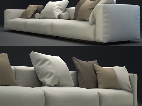 现代沙发  多人沙发  科技布休闲沙发  沙发抱枕su模型