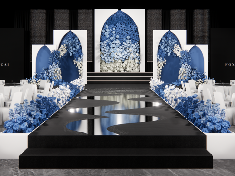 蓝白渐变花墙韩式婚礼su模型