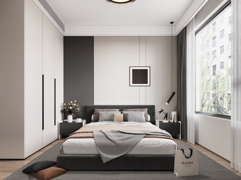  现代黑白灰卧室 黑白灰卧室 黑白灰主卧 黑白灰床 黑白灰床头3d模型 