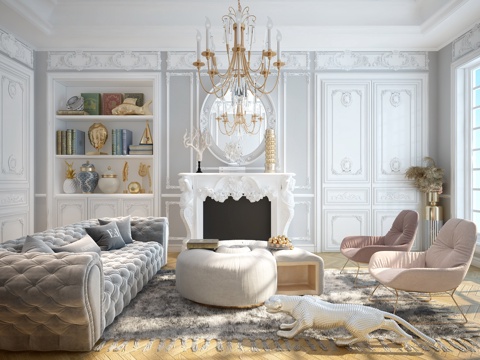  简欧法式欧式时尚客厅沙发会客厅雕花轻奢沙发轻奢吊灯壁炉3d模型 